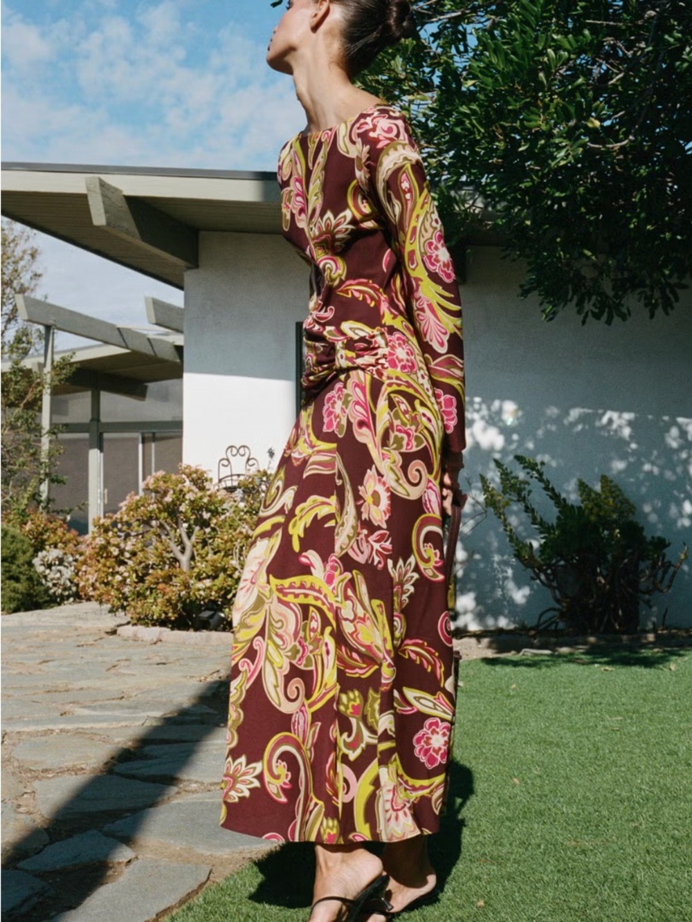 Zara Long Sleeve Floral Paisley Maxi Dress in Brown and Pink
